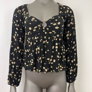 American Eagle Outfitters Blouse Womens S Black w. Yellow Floral Puff Sleeve Top
